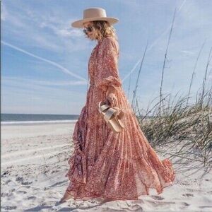 Free People Floral Maxi Dress in Orange and Cream